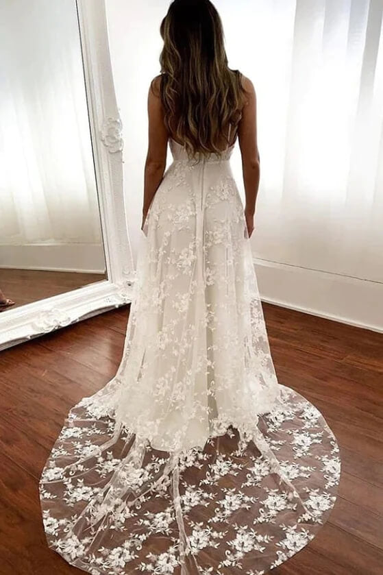Tulle A-line V-neck Open Back Spaghetti Straps Wedding Dresses With Slit, MW886 | vintage wedding dress | boho wedding dresses | outdoor wedding dresses | musebridals.com