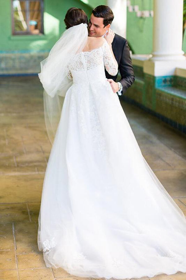 Tulle A line Lace Long Sleeve Off Shoulder Wedding Dress, Bridal Gown, MW536 | white wedding dresses | wedding gowns | bridal dress | lace wedding dress | www.musebridals.com