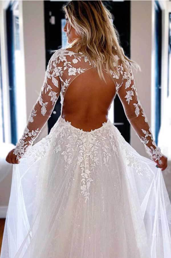 Tulle Lace A-line V-neck Long Sleeves Wedding Dresses, Wedding Gown, MW717 | wedding gowns | wedding dresses stores | vintage wedding dresses | www.musebridals.com