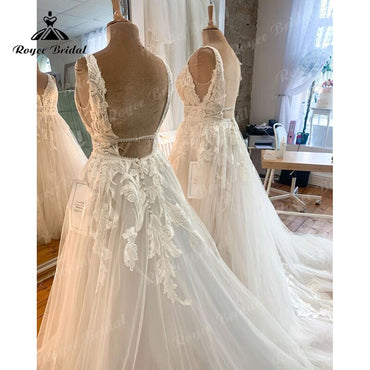 Roycebridal V Neck A Line Boho Lace Wedding Dress Appliques Open Back Tulle Plus Size 2025 Vintage Bridal Gown vestidos de novia Elegant