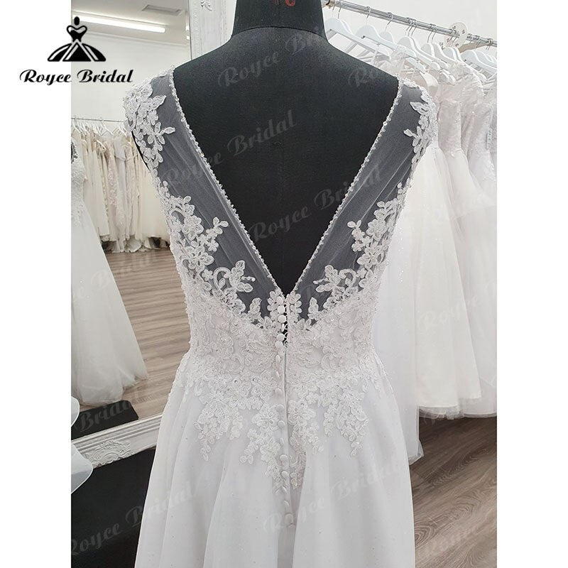 V Neck Cap Sleeve Lace Appliques Beadings Wedding Dress Floor Length Backless 2023 Elegant Vestidos Civil Bridal Gown Custom
