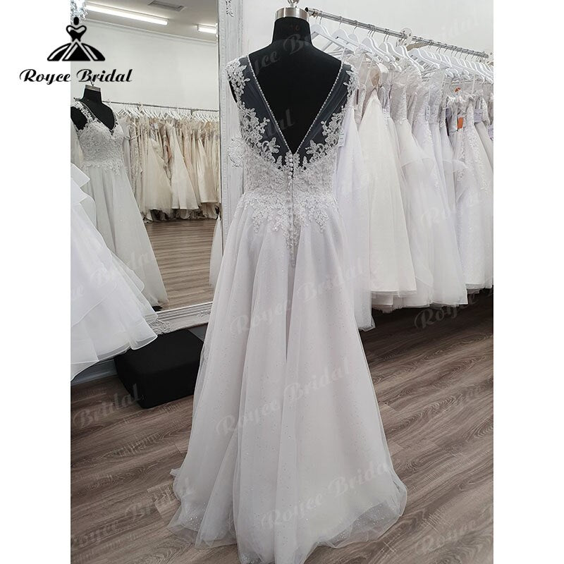 V Neck Cap Sleeve Lace Appliques Beadings Wedding Dress Floor Length Backless 2023 Elegant Vestidos Civil Bridal Gown Custom