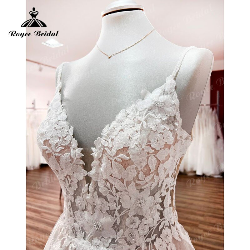 V Neck Lace Boho Blush Pink Wedding Dress Boheme Spaghetti Straps 2023 Beach Appliques Backless Bridal Gown Custom Made Vestidos