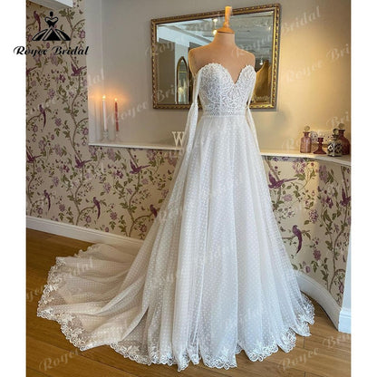 Roycebridal Vestido Novia A Line Wedding Dress Lace Applique Off the Shoulder Sweetheart Polka Dots Tulle Bridal Gowns Robe de mariée
