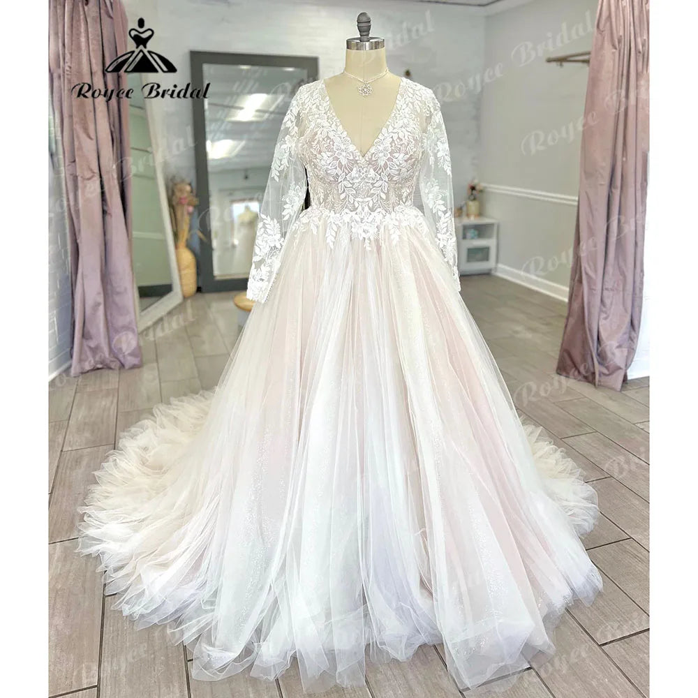 Vestido Novia Long Sleeve Lace Plus Size Backless V Neckline Wedding Dress for Bride 2024 Appliques Women Wedding Gown gelinlik