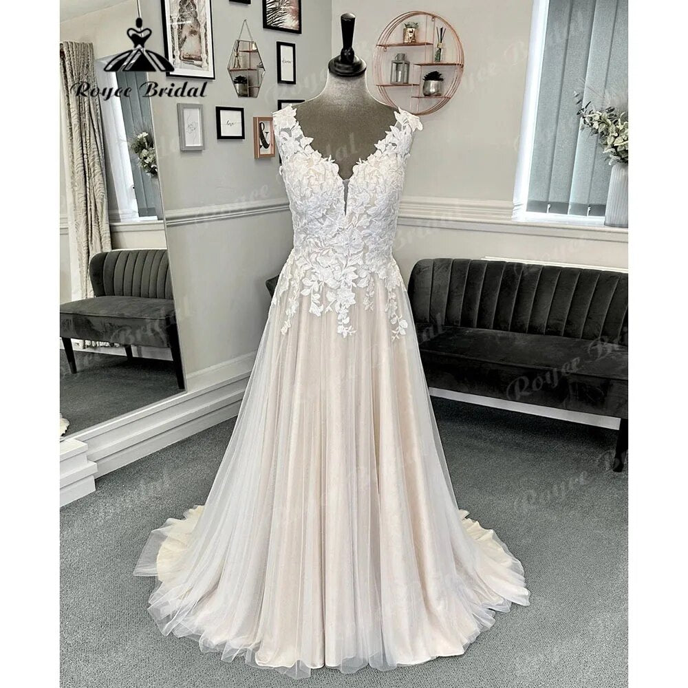 Vestido Novia Robe Civil Lace Beach Champagne Wedding Dress with V Neck 2024 Women Bridal Gown Robe de mariee Summer Roycebridal