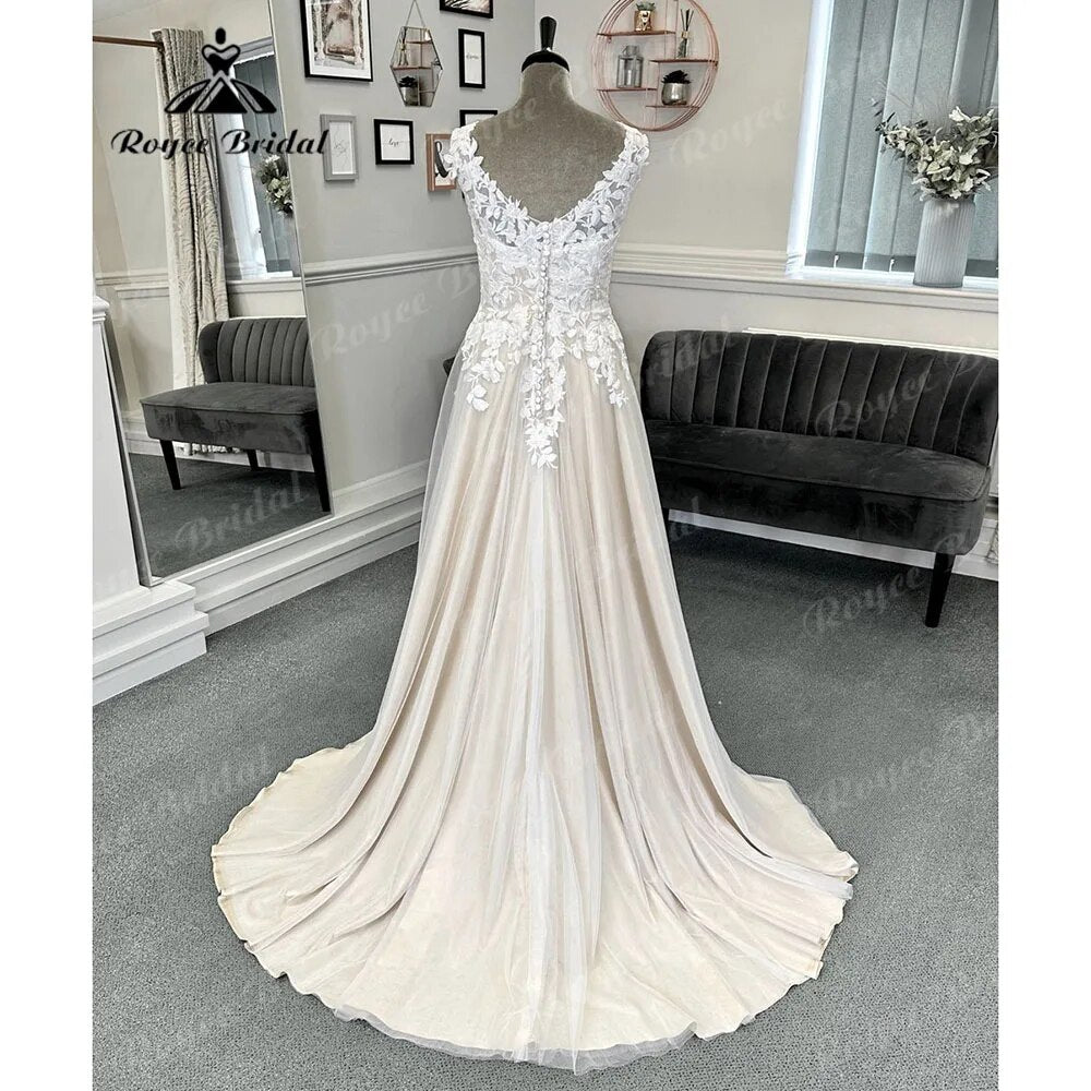 Vestido Novia Robe Civil Lace Beach Champagne Wedding Dress with V Neck 2024 Women Bridal Gown Robe de mariee Summer Roycebridal