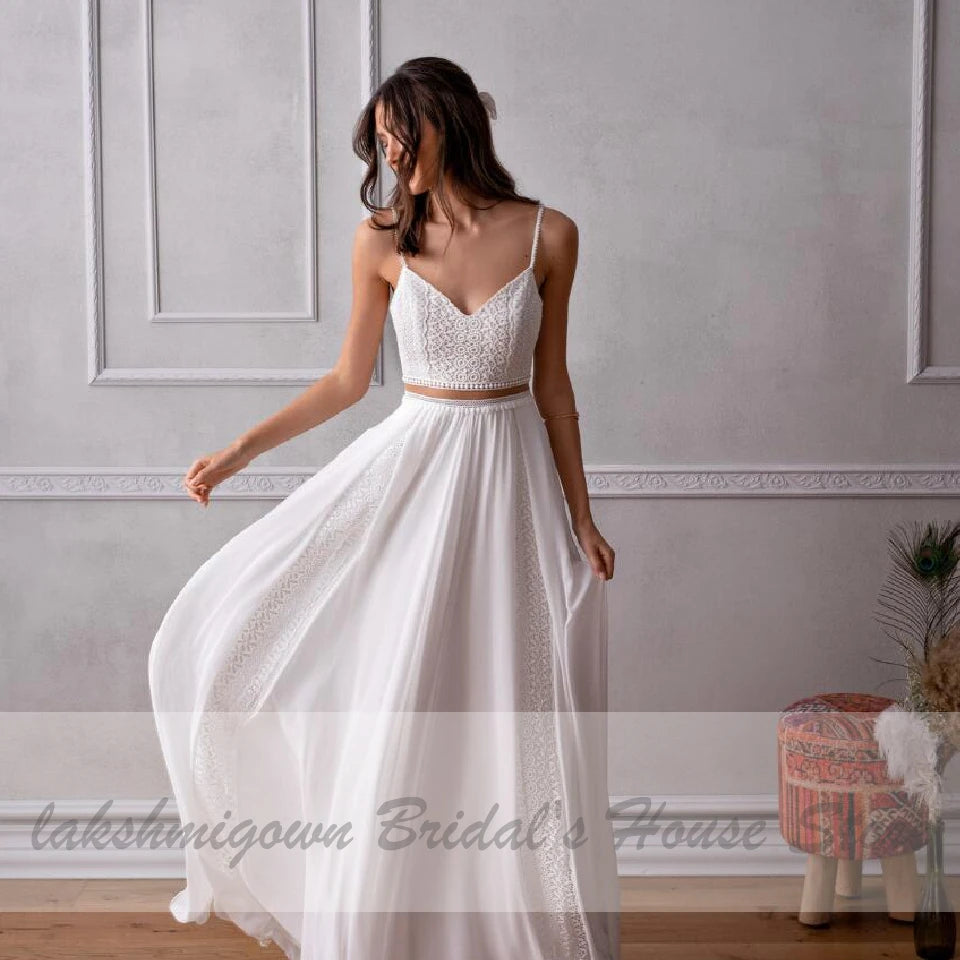 Vestidos Two Piece Wedding Dress for Chic Boho Bridal Reception Wedding Party Gowns 2020 Trouwjurk Lace Beach Wedding Dresses