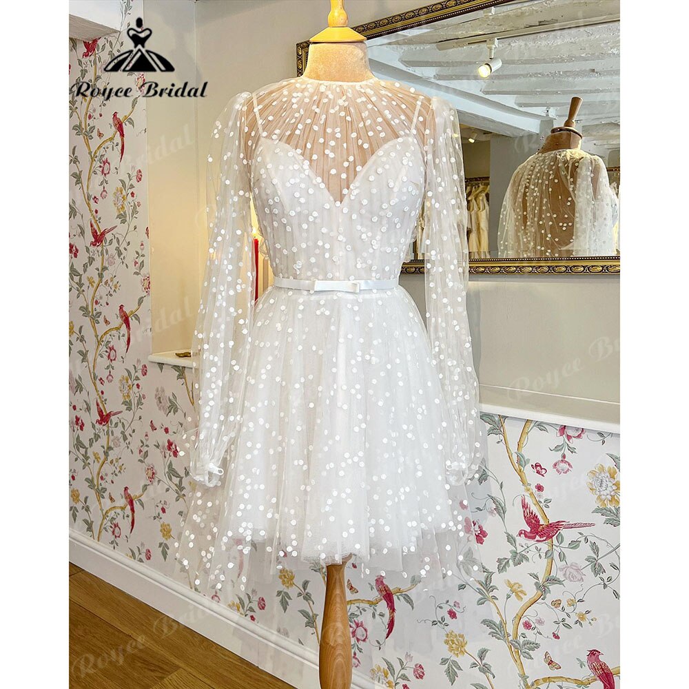 Vinatge Dot Tulle Long Sleeve Princess Boho Short Wedding Dress