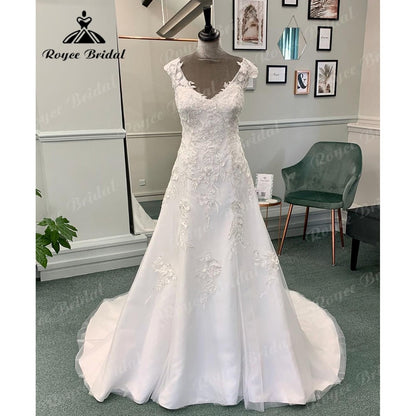 Vinatge Lace Appliques V Neck Soft Satin Wedding Dress with Short Sleeve  Bridal Gown Backless vestido de novia Roycebridal