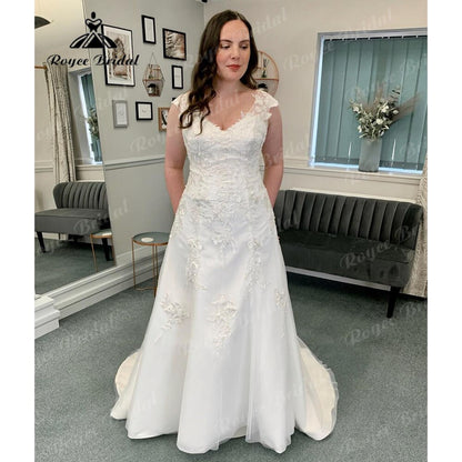 Vinatge Lace Appliques V Neck Soft Satin Wedding Dress with Short Sleeve  Bridal Gown Backless vestido de novia Roycebridal