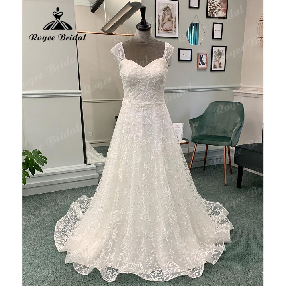 Vinatge Off Shoulder Full Lace Sweetheart Neck Wedding Dress for Bride 2024 Wedding Gown with Detachable Cap Sleeve Roycebridal