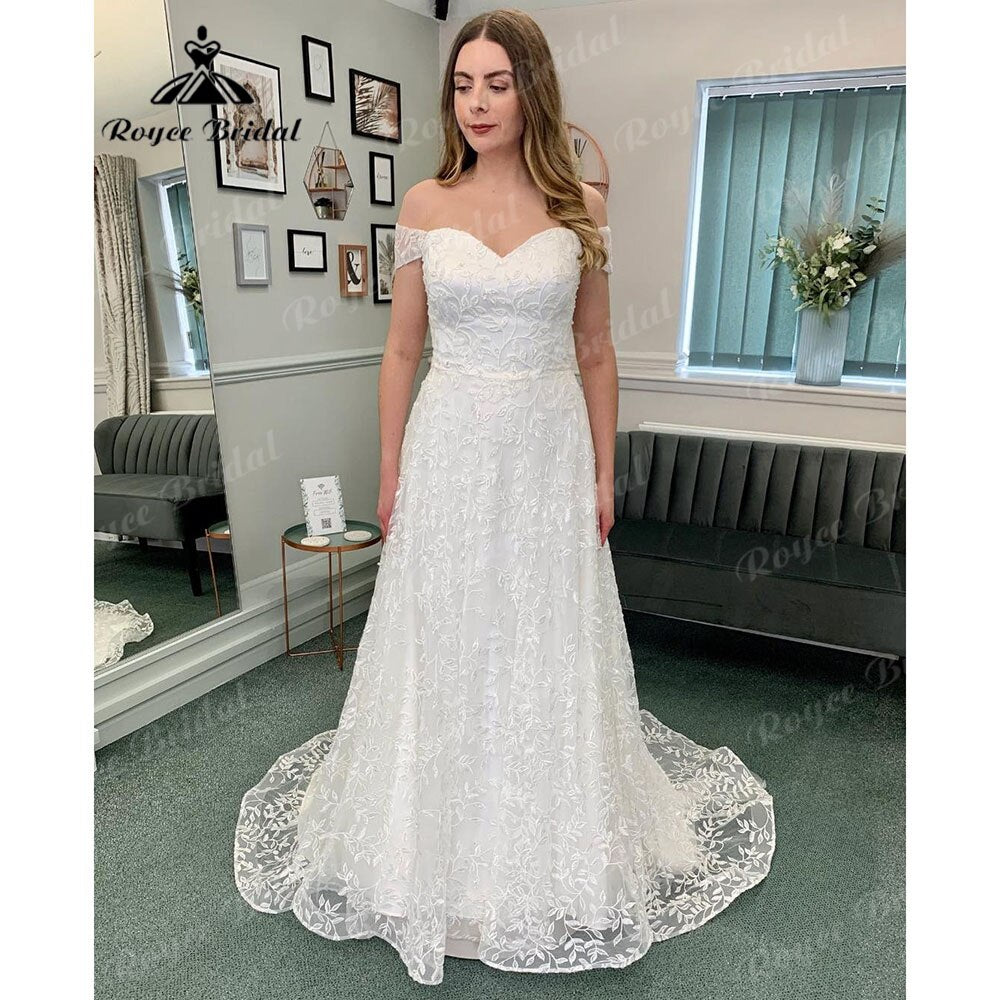 Vinatge Off Shoulder Full Lace Sweetheart Neck Wedding Dress for Bride 2024 Wedding Gown with Detachable Cap Sleeve Roycebridal