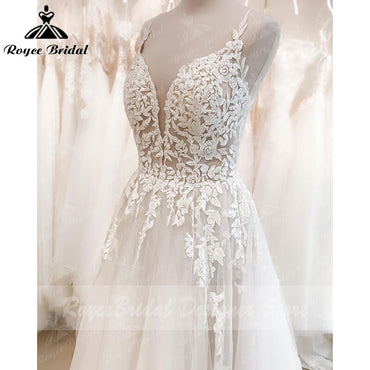 Roycebridal Vintage Bohemian  A Line Wedding Dress Beach Lace Spaghetti Straps V Neck Backless Boho Bridal Wedding Gown Vestidos De Noiva