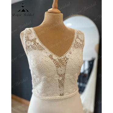 Vintage Bohemian V Neck Lace Bodice Chiffon Boho Wedding Dress for Bride  Bridal Gown vestido de noiva simples Sweep Train