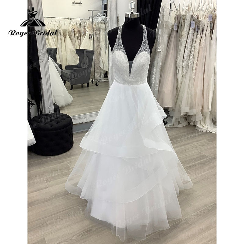 Roycebridal BRIDE,BRIDE EXPLORE All Wedding Dresses,BRIDE EXPLORE Custom Wedding Dresses 👗,BRIDE EXPLORE Plus SizeVintage Deep V Neck Halter Lace Open Back Princess Wedding Dress 2025 Floor Length vestido de novia sin espalda Wedding Gowns