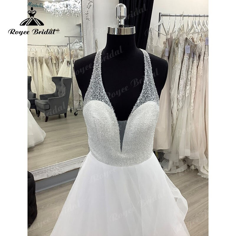 Roycebridal BRIDE,BRIDE EXPLORE All Wedding Dresses,BRIDE EXPLORE Custom Wedding Dresses 👗,BRIDE EXPLORE Plus SizeVintage Deep V Neck Halter Lace Open Back Princess Wedding Dress 2025 Floor Length vestido de novia sin espalda Wedding Gowns
