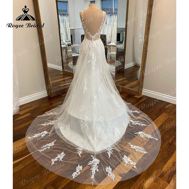 Roycebridal Vintage Deep V Neck Lace Appliques Sleeveless Open Back Wedding Dress for Women 2025 Vestidos robe de mariée Wedding Gowns Sexy