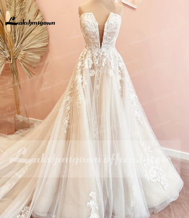 Vintage Deep V Neck Weddding Dresses Vestido De Novia Lace Appliques A Line Open Back Sweep Train Bridal Gown abito da spos