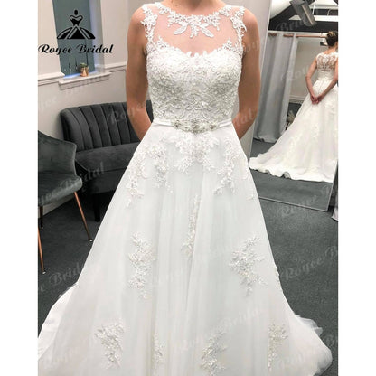 Vintage Lace Appliques Sleeveless Wedding Dress with Belt  Illusion Back Wedding Gown for Bride vestido de casamento Sexy