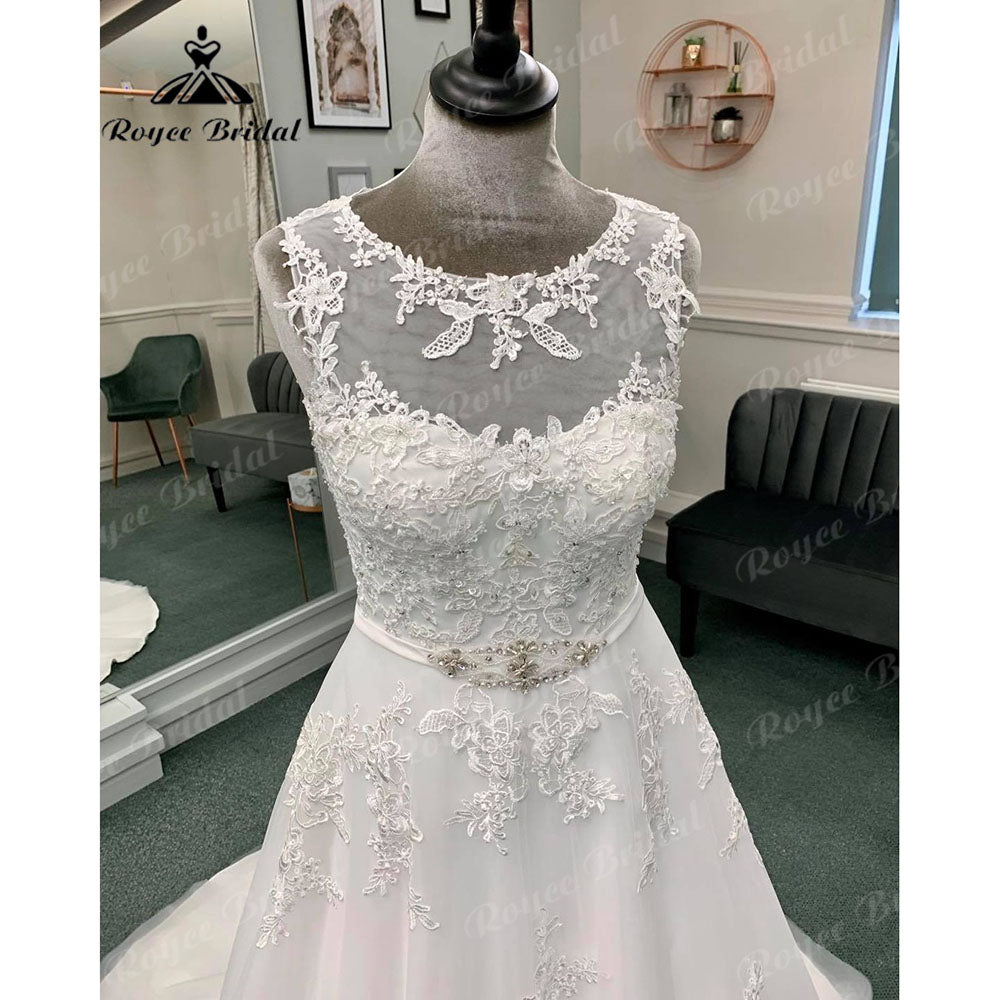 Vintage Lace Appliques Sleeveless Wedding Dress with Belt  Illusion Back Wedding Gown for Bride vestido de casamento Sexy