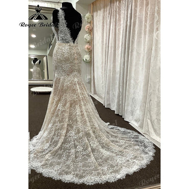 Roycebridal Vintage Lace Backless Mermaid/Trumpet Boho Champagne lining Wedding Dress for Women Bridal Gown vestido de boda corte sirena