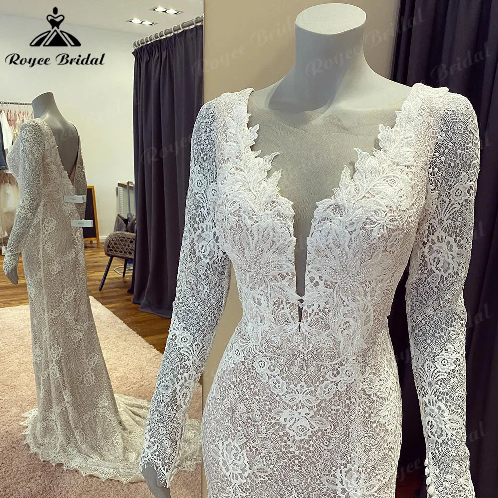 Vintage Lace Long Sleeve Split Side Women Mermaid Wedding Dress with V Neck 2024 Chic Bridal Gown Robe de mariee Roycebridal