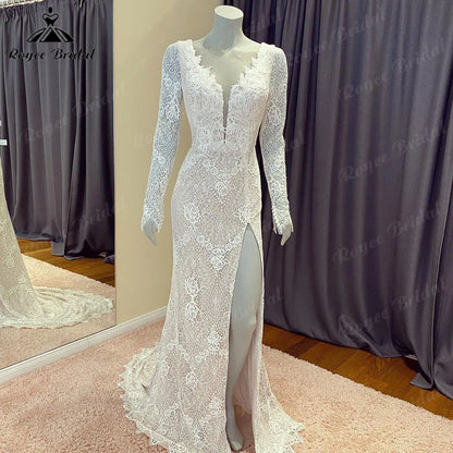 Roycebridal Vintage Lace Long Sleeve Split Side Women Mermaid Wedding Dress with V Neck  Chic Bridal Gown Robe de mariee Roycebridal