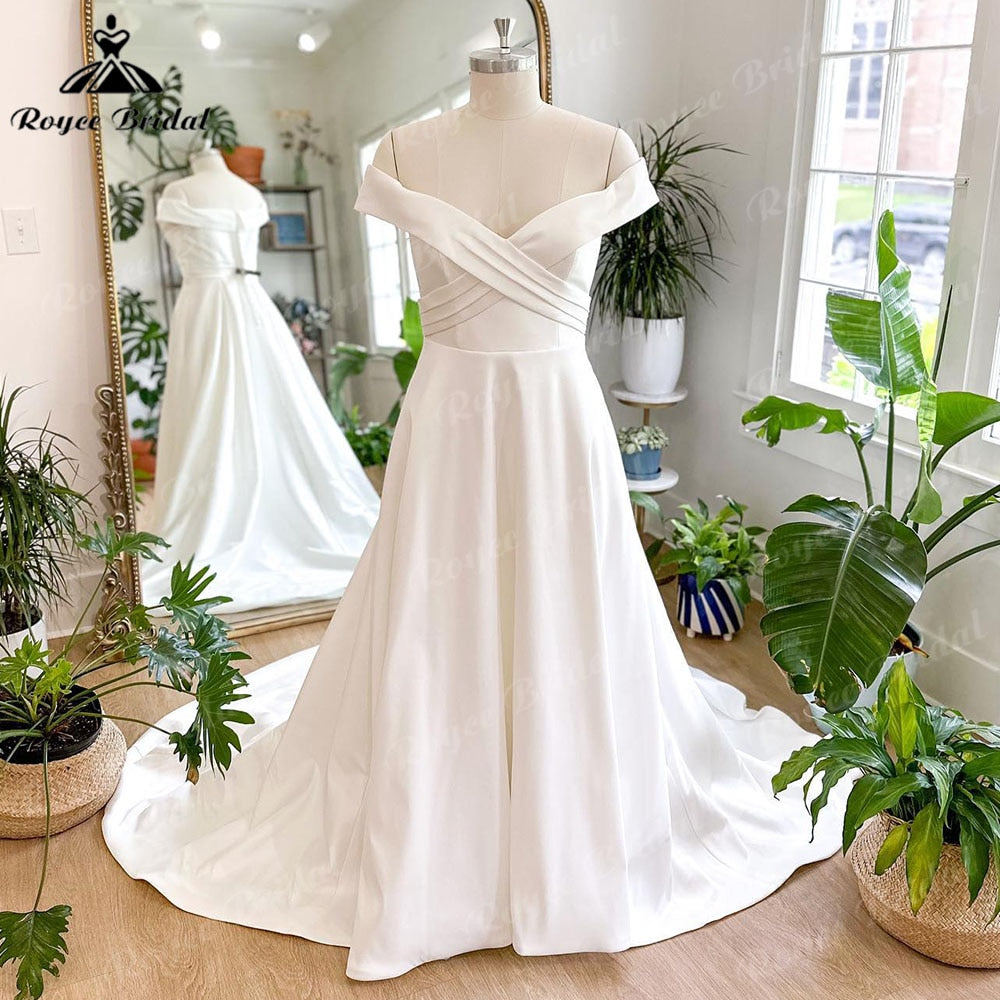 Vintage Off Shoulder Boho Soft Satin A Line Wedding Dress Women Short Cap Sleeve 2023 Bridal Gown Custom Made robe de mariee
