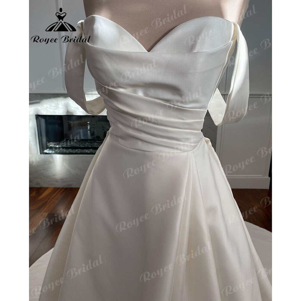 Roycebridal Vintage Off the Shoulder Satin Sweetheart Neckline Pleats Wedding Dress with Cap Short Sleeve 2025 Bridal Gowns robe de mariée