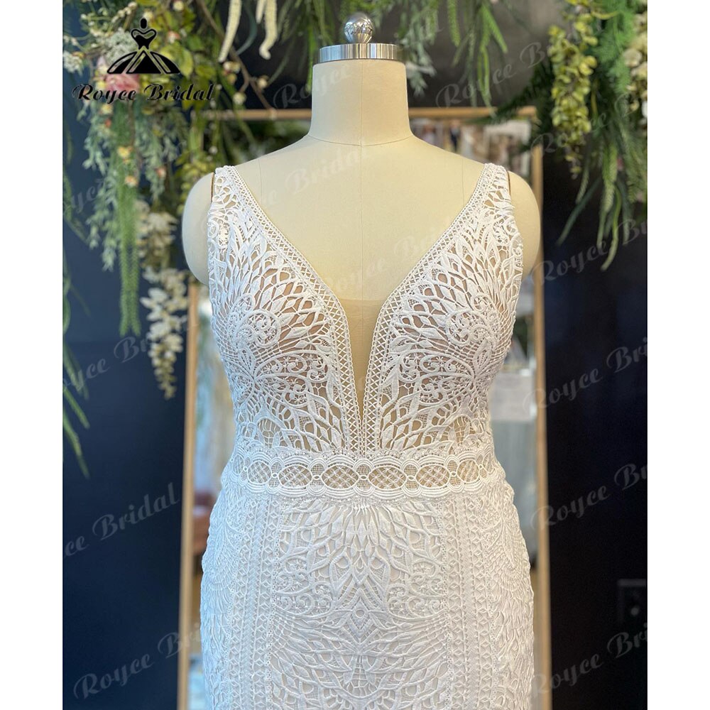 Vintage Plunging V Neck Lace Mermaid Boho Wedding Dress for Women 2023 Bridal Gown Floor-Length robe mariée sirene Roycebridal