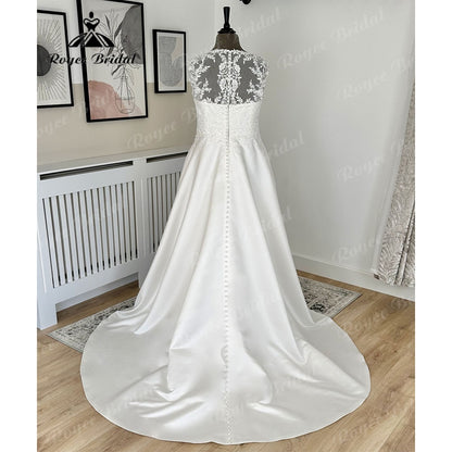 Roycebridal Vintage Plus Size Soft Satin Lace Bodice A Line V Neck Wedding Dress for Women  Illusion Back Bridal Gown vestidos de noche