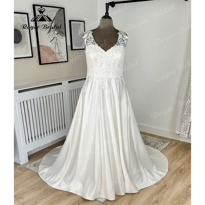 Roycebridal Vintage Plus Size Soft Satin Lace Bodice A Line V Neck Wedding Dress for Women  Illusion Back Bridal Gown vestidos de noche
