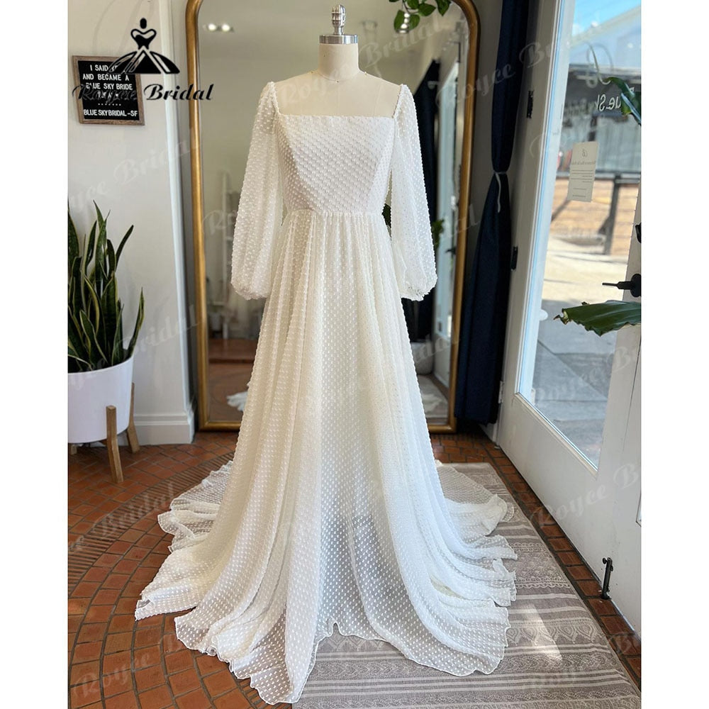 Vintage Princess Polka Dot Tulle Puff Long Sleeve Beach A Line Wedding Gown Open Back Square Collar Neckline Floor-Length 2023
