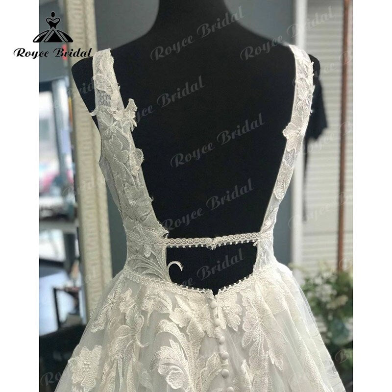 Vintage Robe Civil Tank Sleeveless Wedding Dress Open Back V Neck Lace Appliques Sweep Train Wedding Gowns Abito Da Sposa 2022