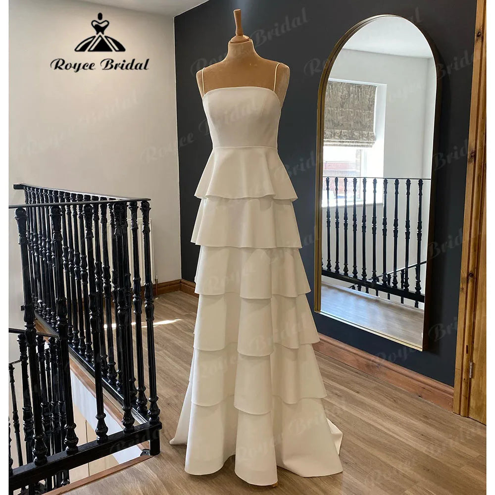 Vintage Soft Satin Princess Tiered Spaghetti Straps Floor-Length Wedding Gown for Women Bridal Wedding Dress Vestido Novia