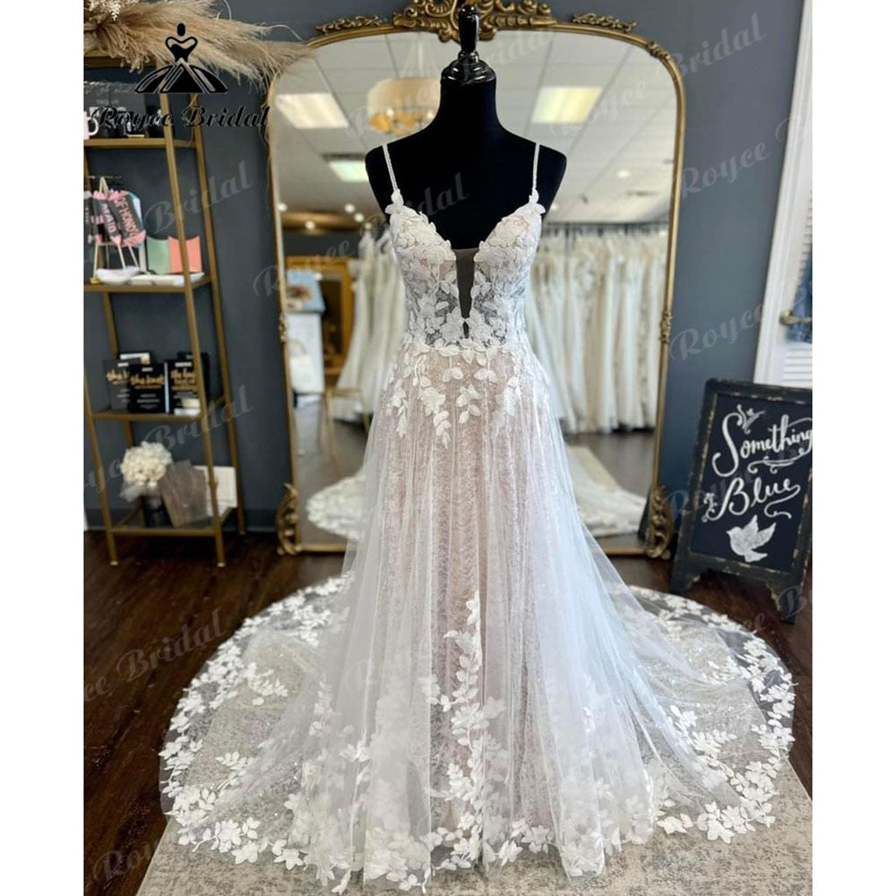 Vintage Spaghetti Straps Blush Pink Lace Appliques A Line Boho Wedding Dress V Neck Backless 2023 Bridal Gowns Vestido De Novia