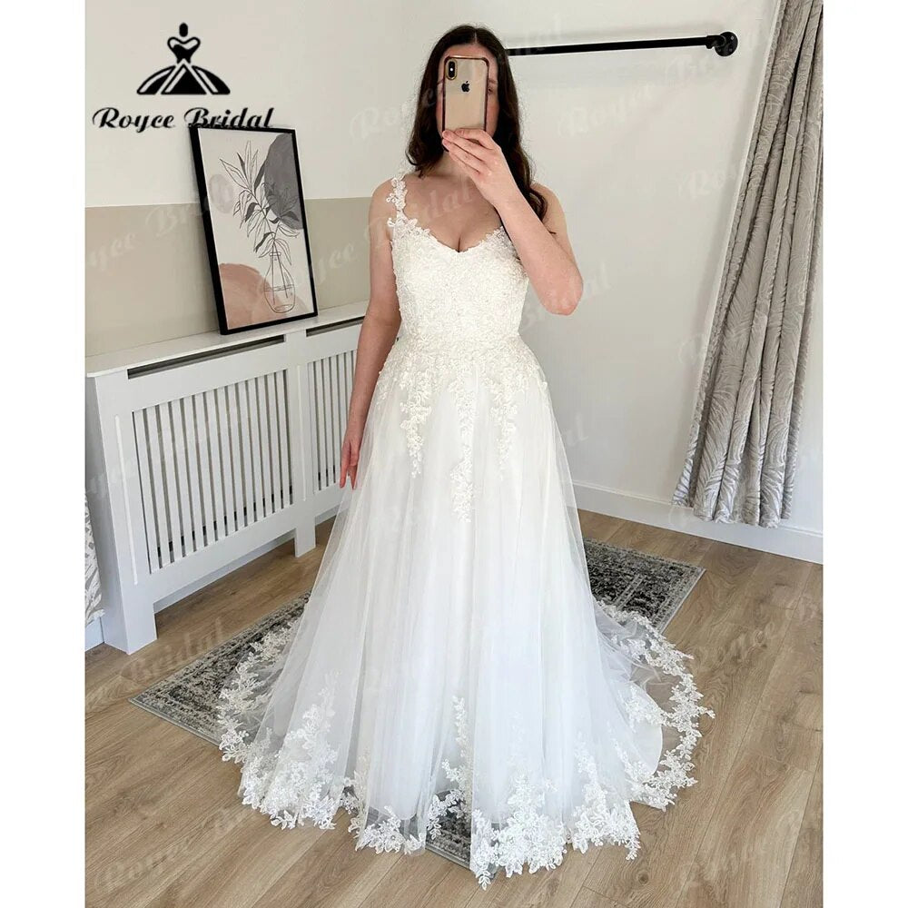 Vintage bretelles Spaghetti dentelle Appliques robe de mariée avec col en V dos nu robe de mariée femmes robe de soirée de mariage Sexy 