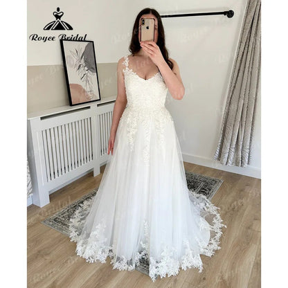 Vintage bretelles Spaghetti dentelle Appliques robe de mariée avec col en V dos nu robe de mariée femmes robe de soirée de mariage Sexy 