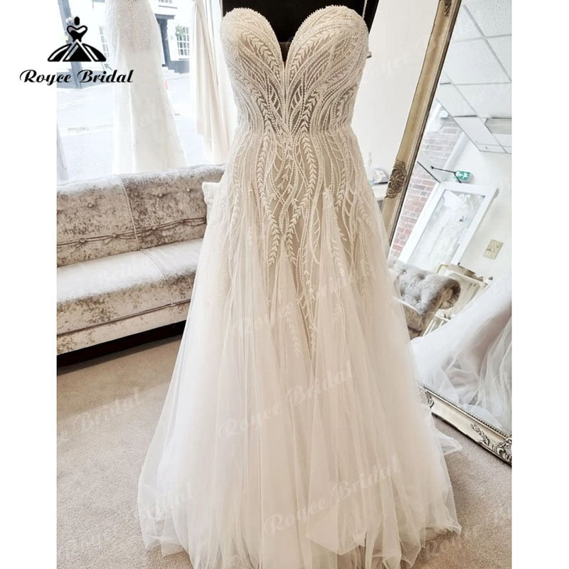 Vintage Spaghetti Straps Sweetheart Lace A Line Wedding Dress for Women 2023 Vestidos Civil Bridal Summer Beach Wedding Gown