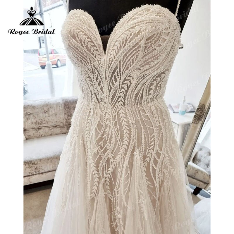 Vintage Spaghetti Straps Sweetheart Lace A Line Wedding Dress for Women 2023 Vestidos Civil Bridal Summer Beach Wedding Gown