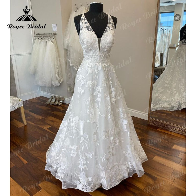 Vintage V Neck Lace Wedding Dress Backless Sweep Train 2023 Boho Sleeveless Elegant Bridal Beach Wedding Gown Vestidos Novias