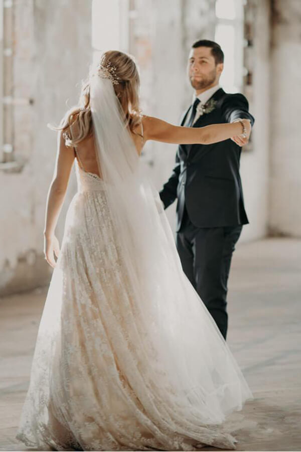 Vintage Beaded A-line V-neck Spaghetti Straps Lace Wedding Dresses, MW582 | beach wedding dresses | plus size wedding dress | v neck wedding dress | www.musebridals.com
