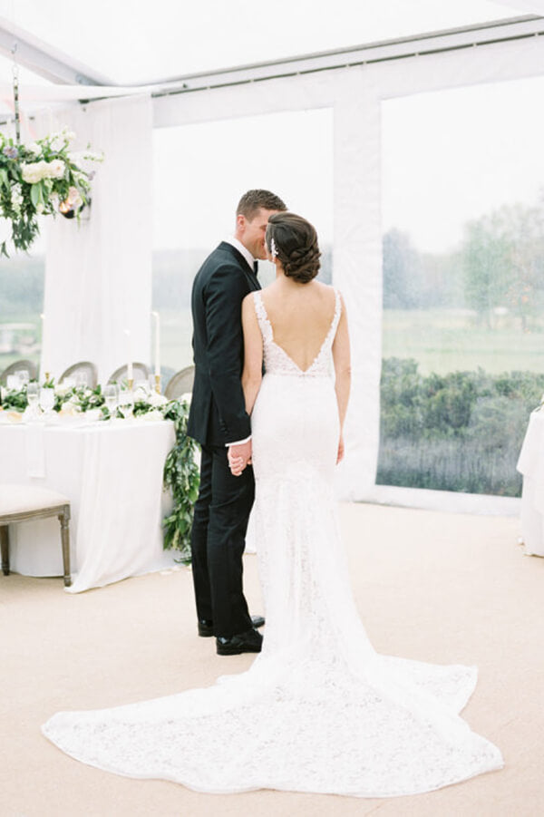Vintage Ivory Lace Mermaid V Neck Wedding Dress, Bridal Dresses, MW533 | cheap lace wedding dress | wedding dresses online | wedding dress stores | beach wedding dress | www.musebridals.com