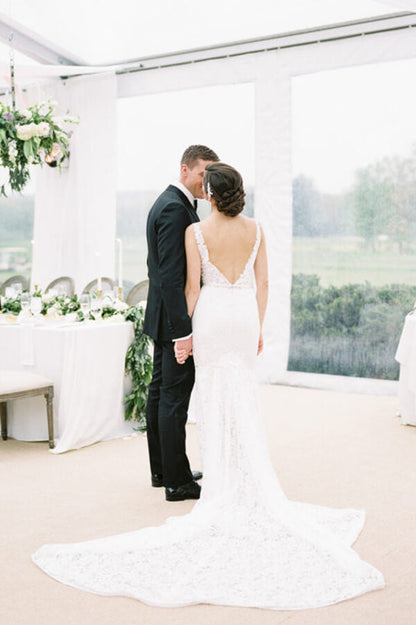 Vintage Ivory Lace Mermaid V Neck Wedding Dress, Bridal Dresses, MW533 | cheap lace wedding dress | wedding dresses online | wedding dress stores | beach wedding dress | www.musebridals.com