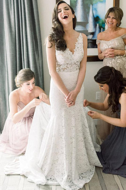 Vintage Ivory Lace Mermaid V Neck Wedding Dress, Bridal Dresses, MW533 | wedding dress | bridal gowns | mermaid wedding dress | cheap wedding dress | www.musebridals.com