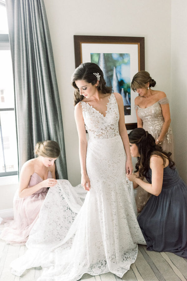 Vintage Ivory Lace Mermaid V Neck Wedding Dress, Bridal Dresses, MW533 | ivory wedding dress | mermaid wedding dress | lace wedding dress | wedding gown | www.musebridals.com
