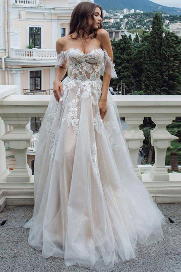 Vintage Lace A-line Sweetheart Off-the-Shoulder Beach Wedding Dresses, MW735 | cheap lace wedding dresses | a line lace wedding dress | beach wedding gown | www.musebridals.com