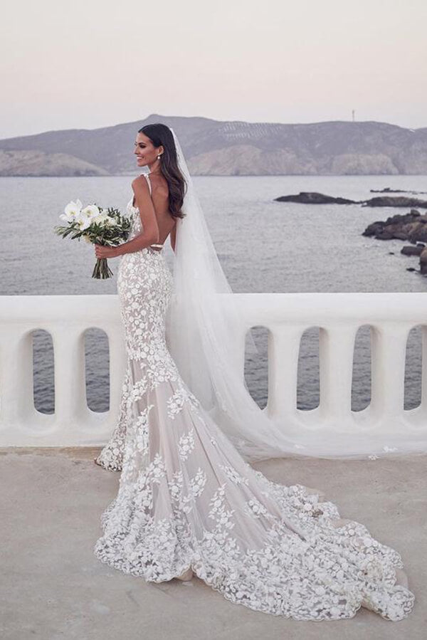 Vintage Lace Mermaid Beaded Deep V Neck Wedding Dress, Bridal Gown, MW558 | beach wedding dress | mermaid wedding dresses | bridal gowns | www.musebridals.com