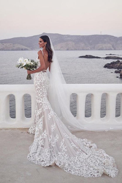 Vintage Lace Mermaid Beaded Deep V Neck Wedding Dress, Bridal Gown, MW558 | beach wedding dress | mermaid wedding dresses | bridal gowns | www.musebridals.com